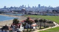 SAN FRANCISCO, USA - OCTOBER 5th, 2014: Crissy Field, The Palace of Fine Arts and the downtown skyline in the background Royalty Free Stock Photo