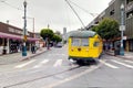 San Francisco, USA - September 6, 2018: San Francisco streetcar, tram traveling on the Embarcadero down town. Vintage streetcar