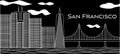 San Francisco white lettering. Vector with skyscrapers and golden gate bridge on black background . Travel postcard.