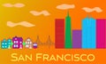 San Francisco yellow lettering. Vector with skyscrapers, cable car and golden gate bridge on orange background. Royalty Free Stock Photo