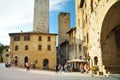 SAN GIMIGNANO, ITALY - JUNE 3, 2019: Famous medieval San Gimignano hill town with its skyline of medieval towers. Province of