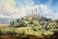 San Gimignano, Tuscany. Hill top town in Italy known for its towers and stunning panoramic views. Vintageterwashed painting.