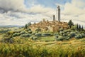 San Gimignano, Tuscany. Hill top town in Italy known for its towers and stunning panoramic views. Vintageterwashed painting.