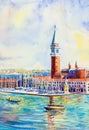 San Giorgio Maggiore island, Venice, Italy. Watercolor painting Royalty Free Stock Photo