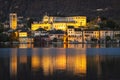 The San Giulio island winter sunrise panorama. Color image Royalty Free Stock Photo