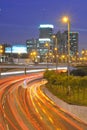 San Isidro aerial view of skyscraper and corporations at night with highway with traffic Peru