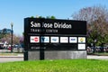 San Jose Diridon Transit Center sign with logos and names of transit services servicing the central passenger rail depot station Royalty Free Stock Photo