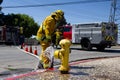 San Jose Fire Fighter Prepping a fire hydrant to fight a fire