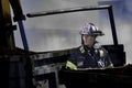 San Jose Fire Fighter on the seen during an Alviso scrap yard fire