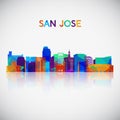 San Jose skyline silhouette in colorful geometric style.