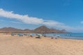 SAN JOSE, SPAIN, JUNE 21, 2019: People are enjoying a sunny day at Playa de los Genoveses beach at Cabo de gata in Spain