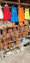 San Jose Succotz, Cayo, Belize - June 18, 2022: Multi-colored masks at Central American vendor stalls selling wares adjacent to