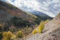 San Juan Byway with storm clouds autumn colors in Colorado.