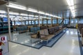 San Juan Island, WA USA - circa November 2021: Angled view of padded bench seating inside of a Washington State Ferry bound for Royalty Free Stock Photo