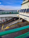 View of the car loading and unloading dock on a Washington State ferry while out