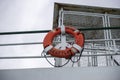San Juan Islands, WA USA - circa November 2021: View of a Washington State Ferry life preserver tied to the top level of the