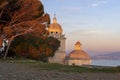 San Lorenzo bell tower and dome, Portovenere, Liguria, ITaly. Beautiful winter evening sunset. Royalty Free Stock Photo