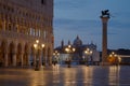 San Marco square with lion on column and basilica at night in Venice Royalty Free Stock Photo