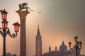 San Marco Square, with lion column, campanile and street light, Venice, Italy Royalty Free Stock Photo