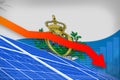 San Marino solar energy power lowering chart, arrow down - modern natural energy industrial illustration. 3D Illustration