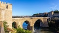 The San Martin Bridge, medieval bridge over the Tagus River with crenellated towers, Toledo, Spain Royalty Free Stock Photo