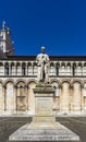 San Michele in Foro Church and Francesco Burlamacchi statue, Piazza San Michele, Lucca, Tuscany, Italy