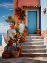San Miguel Vibrant Color Combinations, A Blue Door With Orange Flowers And Stairs