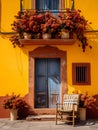 San Miguel Vibrant Color Combinations, A Chair And Chair With Flowers On The Front Of A Yellow Building