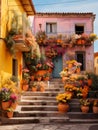 San Miguel Vibrant Color Combinations, A House With Many Pots Of Flowers