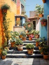 San Miguel Vibrant Color Combinations, A Painting Of A Courtyard With Pots Of Plants