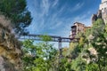 San Pablo bridge and Cuenca famous hanging houses seen from the valley, Spain