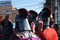 Foot of Jesus Christ`s corpse carried by roman soldiers, street drama, community celebrates Good Friday representing the events th