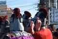 Foot of Jesus Christ`s corpse carried by roman soldiers, street drama, community celebrates Good Friday representing the events th