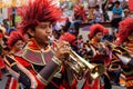 Band musicians play trumpet during the annual brass band exhibition
