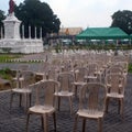 Many resin plastic chairs arranged in rows are prepared for the people to be inoculated with covid 19 vaccines at the cathedral pa