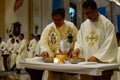Roman Catholic priests taking communion during congregation mass