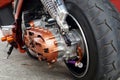 Close up of vintage motorcycle rear wheel, focus tire Royalty Free Stock Photo