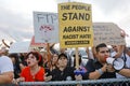 SAN PEDRO, CA - SEPTEMBER 15, 2015: Hispanic protestors at Donald Trump 2016 Republican presidential rally aboard the Battleship U