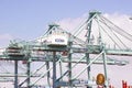 San Pedro/California - April 4, 2020: Los Angeles Harbor Shipyard cranes at work unloading cargo ship containers. Royalty Free Stock Photo