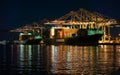 Container ships load and unload by gantry cranes at night in the Port of Los Angeles, California