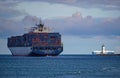 Container ship President Kennedy leaves Port of Los Angeles for open ocean Royalty Free Stock Photo