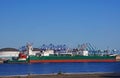 Tank barge Petrochem Supplier and its towing vessel, tugboat Corpus Christi, docked in the harbor of the Port of Los Angeles Royalty Free Stock Photo