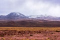 Desertic prairie and snowy volcanic mountains at Atacama desert