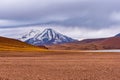 Arid valley with shallow lagoon and snowy mountains in Atacama desert
