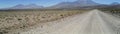San Pedro de Atacama, Chile - Winding desert road with ice mountains panorama, surrounded by arid vegetation