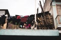 San Pedro La Laguna, Guatemala- May 21, 2023: A woman hanging laundry on ropes with her pet dog looking around