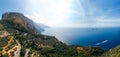 San Pietro viewpoint. the boat is moving. Beautiful road to Positano, Amalfi, Salerno. Aerial view Italy mountains, sea. Travel