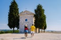 San Quirico d'Orcia, Italy Chapel Capella della Madonna di Vitaleta in Val d' Orcia, Tuscany, Italy at Sunrise or Dawn Royalty Free Stock Photo