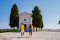 San Quirico d'Orcia, Italy Chapel Capella della Madonna di Vitaleta in Val d' Orcia, Tuscany, Italy at Sunrise or Dawn Royalty Free Stock Photo