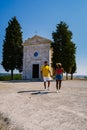 San Quirico d'Orcia, Italy Chapel Capella della Madonna di Vitaleta in Val d' Orcia, Tuscany, Italy at Sunrise or Dawn Royalty Free Stock Photo